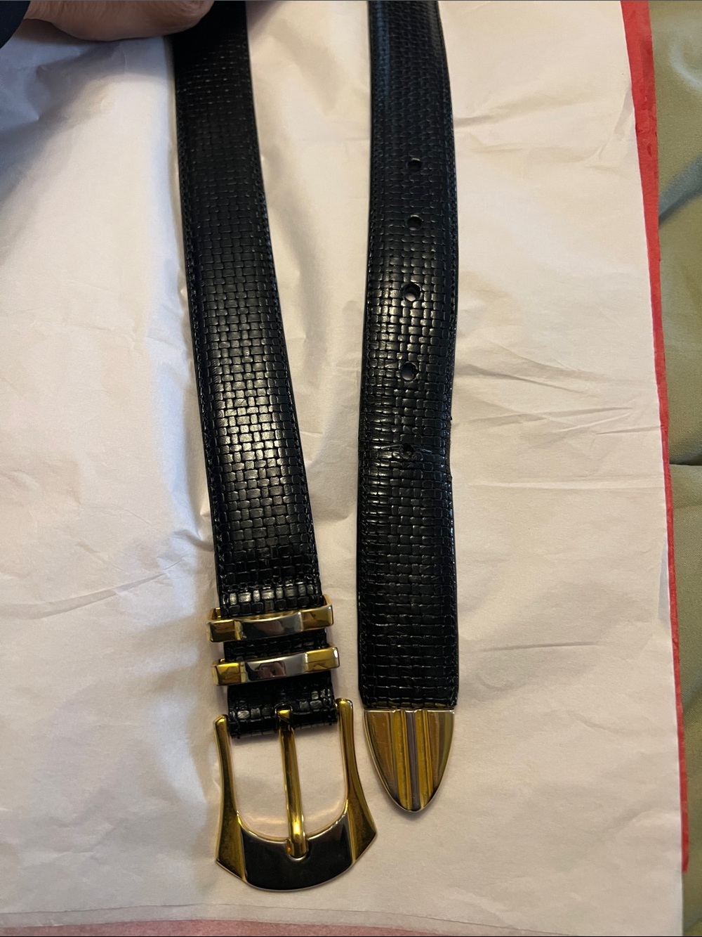 Men's Black Textured Leather Belt with Gold/Silver Buckle